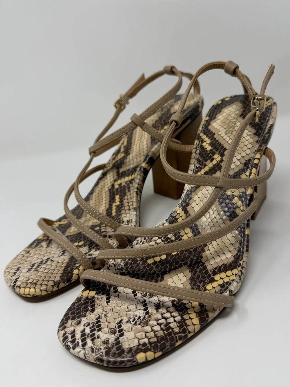 Women's Express Taupe Snakeskin Print Strappy Block Heel Sandals